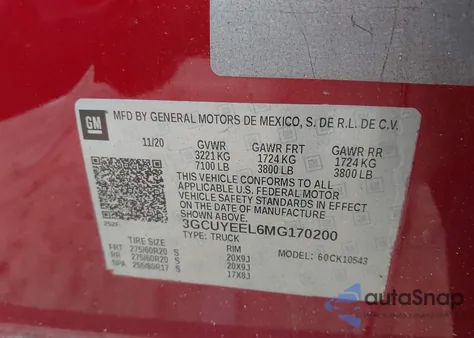 2021 Chevrolet Silverado 1500 4Wd Short Bed Rst z USA, uszkodzony, nr VIN 3GCUYEEL6MG170200